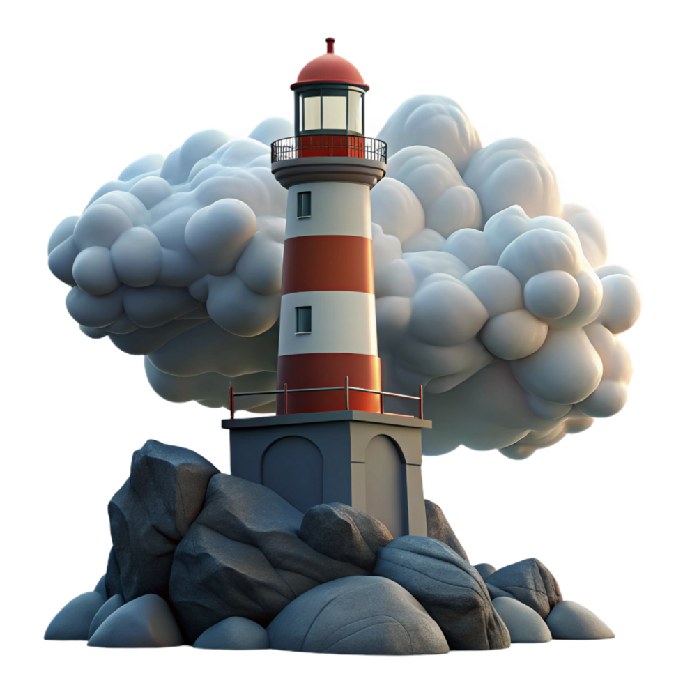 sumptuous joyful nordic A solitary lighthouse perched on a rocky cliff, dramatic storm clouds, dramatic and moody lighting, realistic painting style precision png