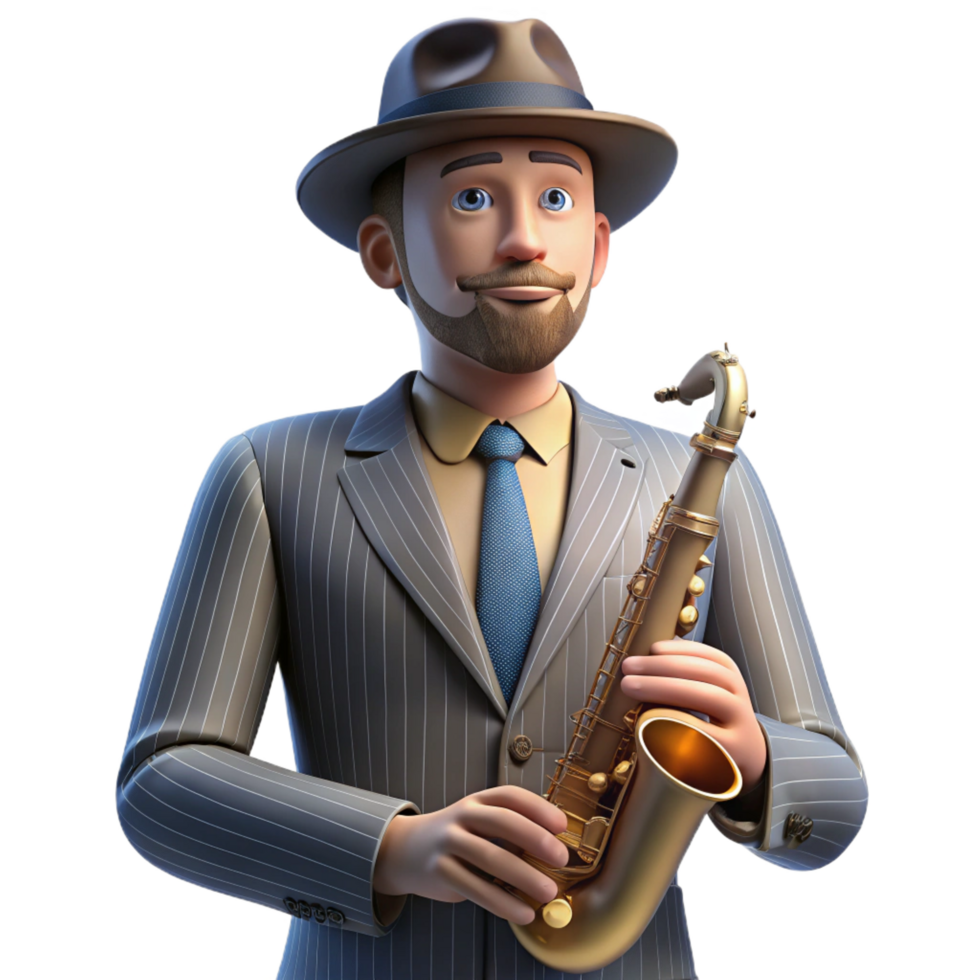 notable abstract Portrait of a charismatic musician with a saxophone, wearing a fedora and a pinstripe suit, lit by dim stage lights, in a vintage style flawless png