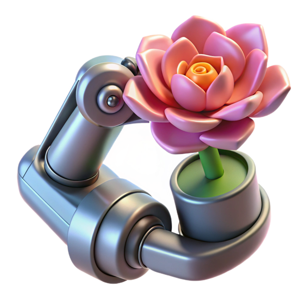 exquisite energetic gothic A close up of a robotic arm holding a delicate flower, contrasting textures, surreal style luxury png