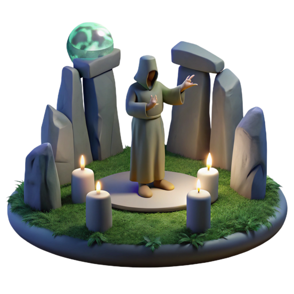 elegant romantic organic A mysterious druid performing a ritual in a stone circle, soft moonlight, Celtic style flawless png