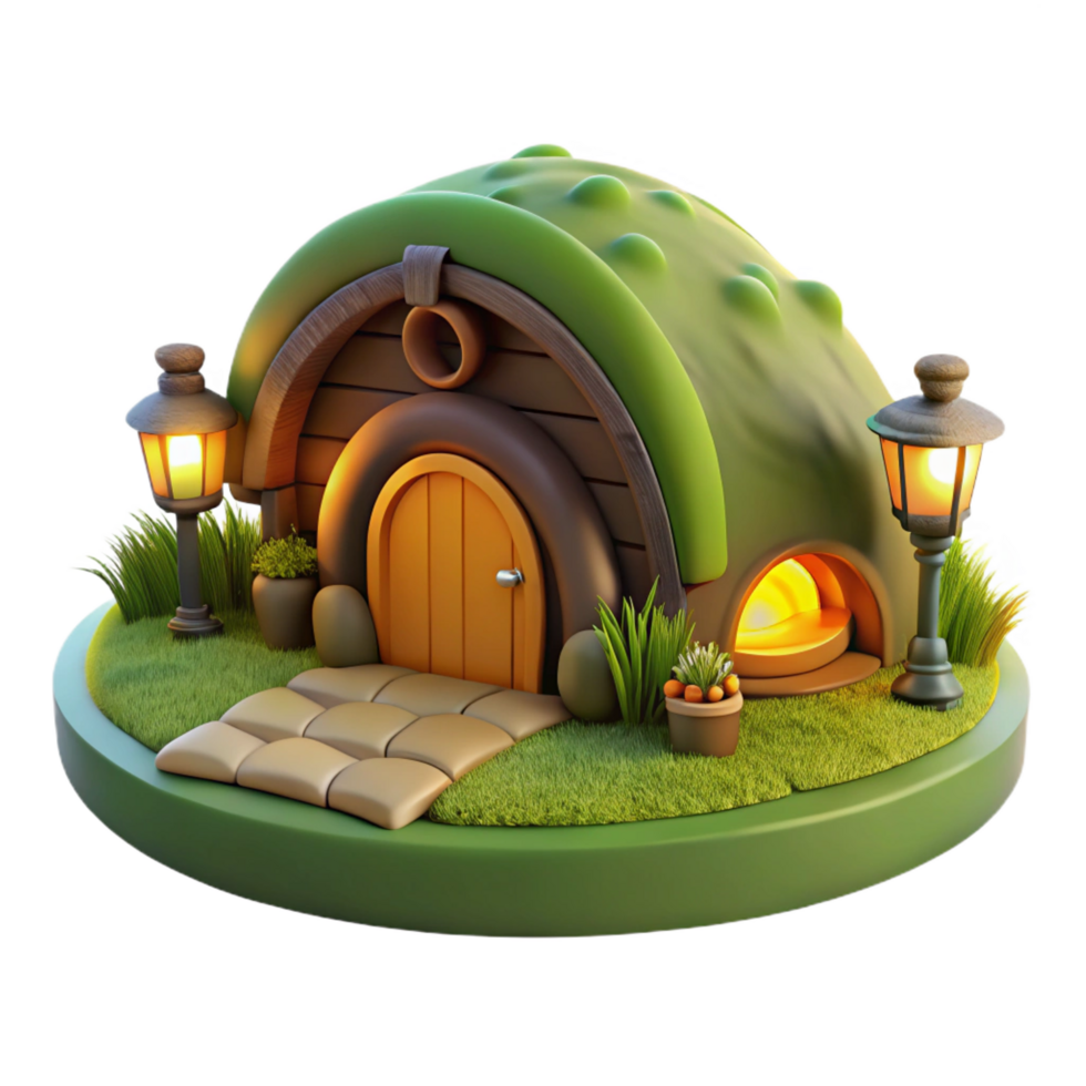 whimsical captivating A hobbit hole nestled in a hillside, lush green grass, warm firelight, cozy atmosphere, top tier png