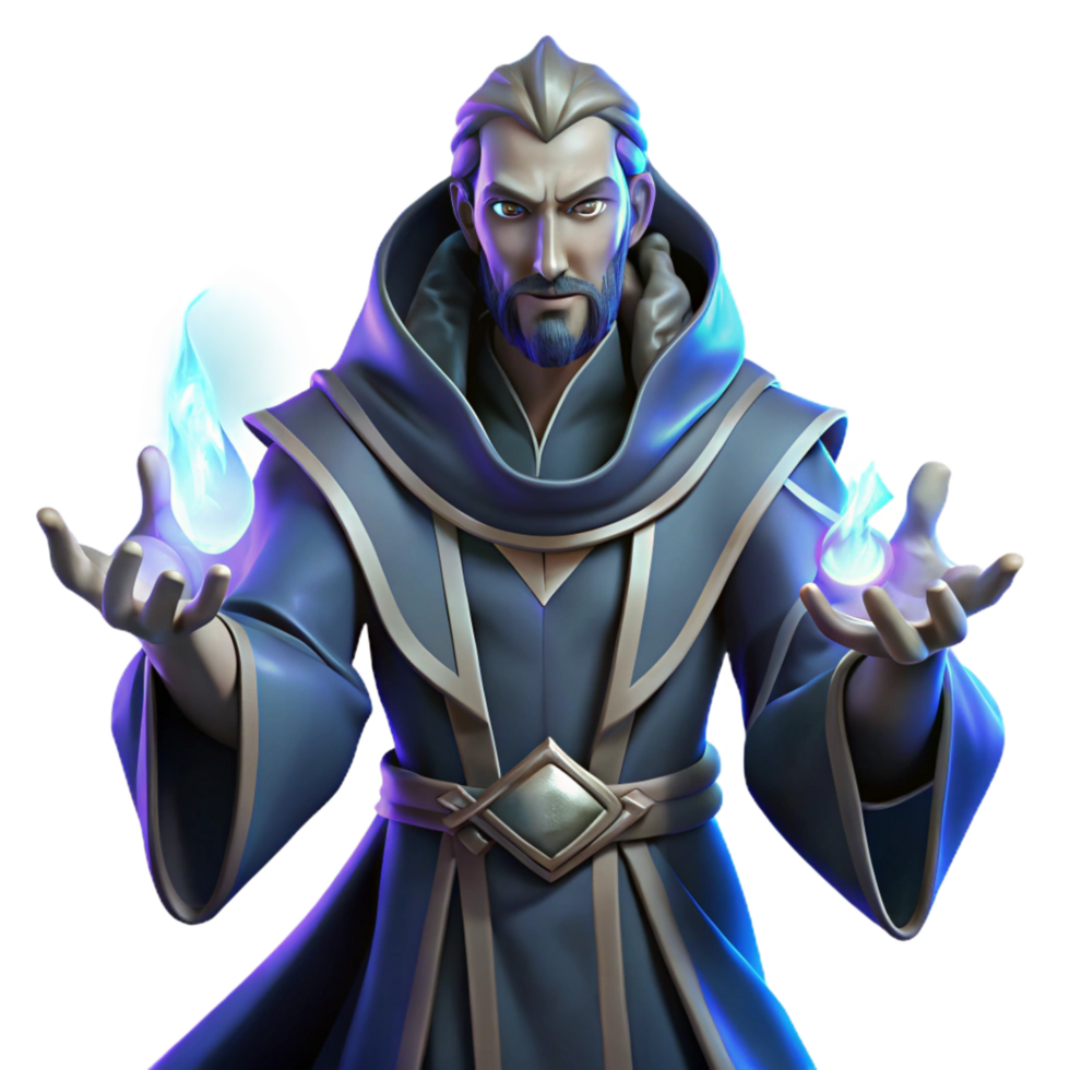 acclaimed minimalist Portrait of a powerful sorcerer with glowing hands, flowing robes, and an intense gaze, lit by magical energy, in a dark fantasy art style detailed png