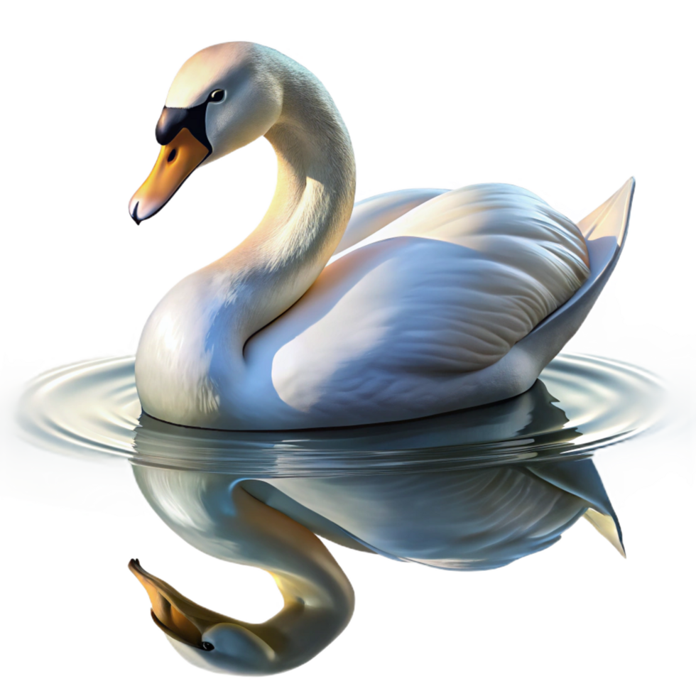 intense hypnotic A graceful swan gliding across a still lake, its reflection shimmering in the water, in a serene, elegant style genuine png