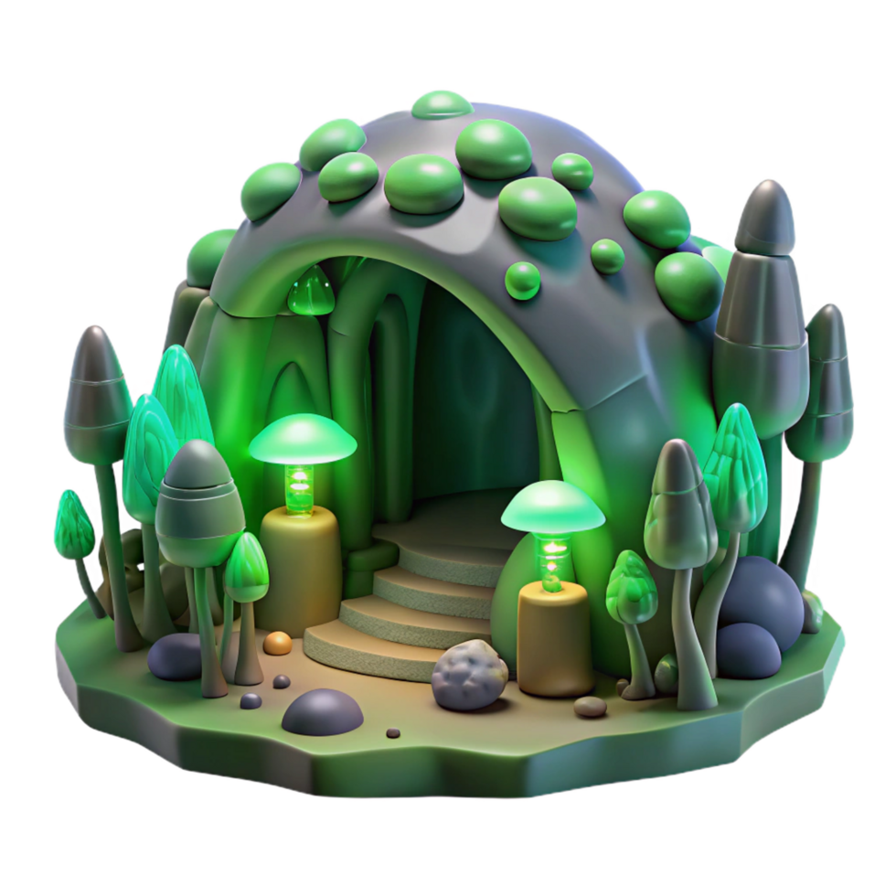 extraordinary nordic A subterranean cave dwelling with bioluminescent fungi, eerie green light, organic architecture, fantastical atmosphere, sense of mystery impeccable png