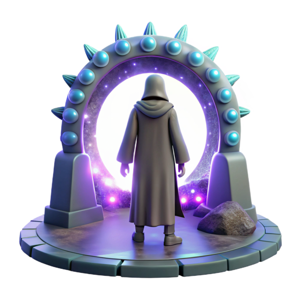 beautiful nordic A lone figure in a hooded cloak stands before a giant portal shimmering with otherworldly energy. Fantasy sci fi style, ethereal lighting crisp png