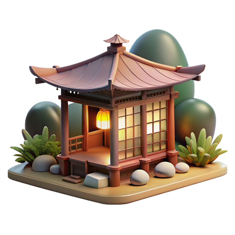 radiant bohemian A traditional Japanese tea house, surrounded by a serene garden, soft, diffused lighting, peaceful and contemplative style, ukiyo e woodblock print handcrafted png