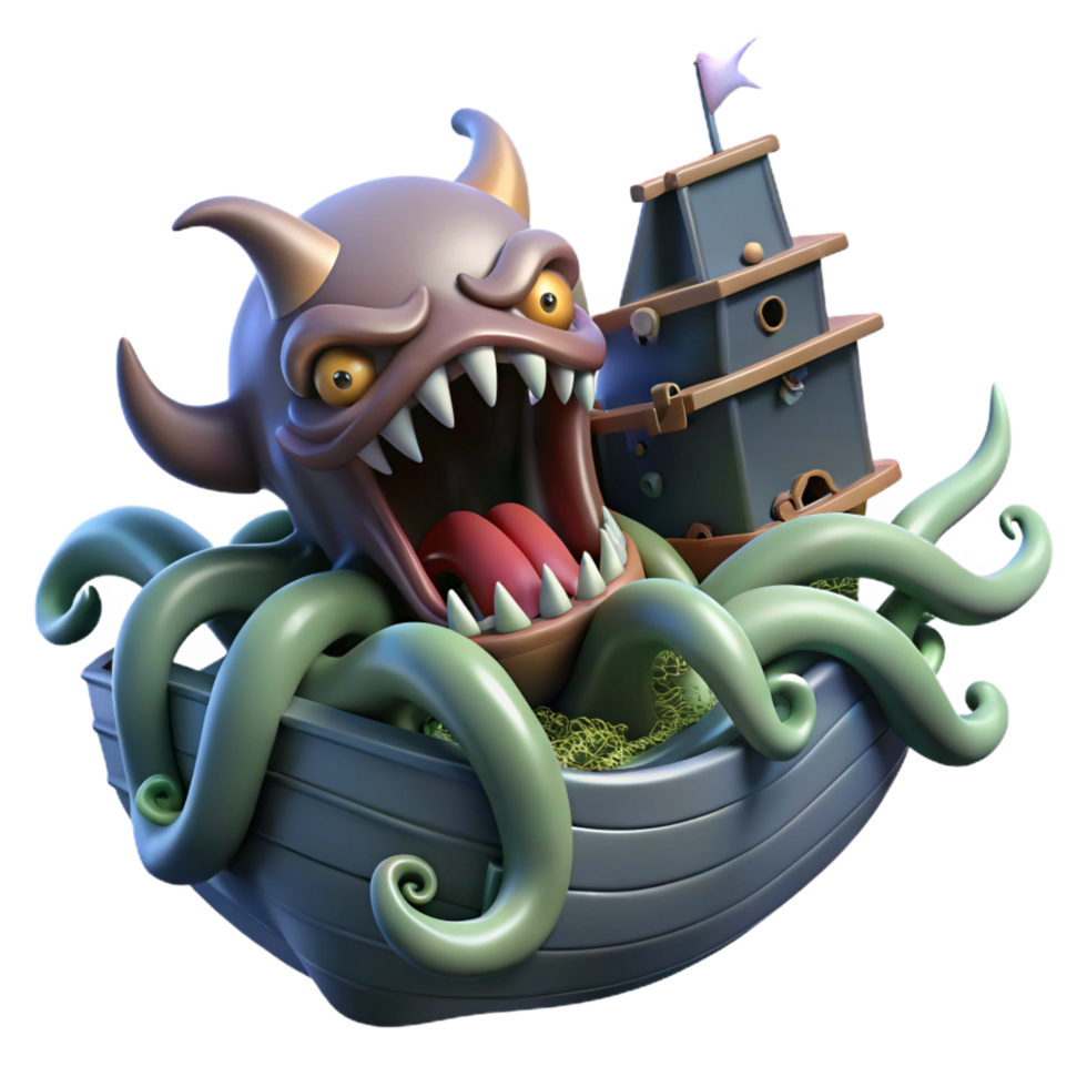 joyful pristine A monstrous kraken attacking a ship, dark and turbulent ocean, cinematic style original png