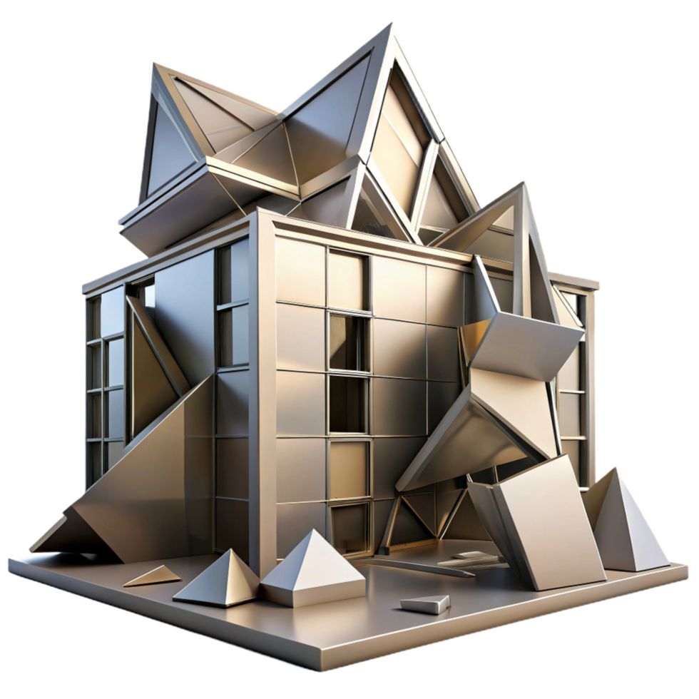 distinctive gothic A decontructivist building with fragmented shapes, sharp angles, metallic surfaces, dramatic shadows high quality png