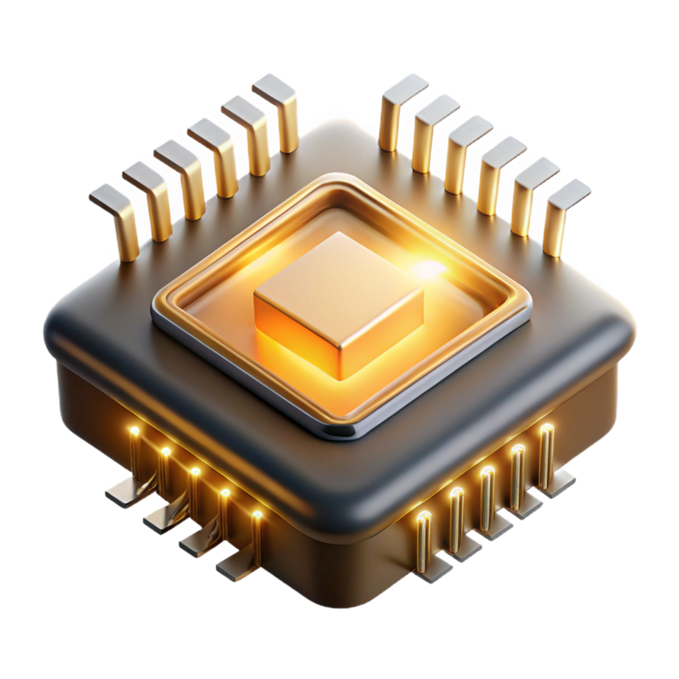 serene futuristic A single microchip, magnified to reveal its intricate layers and golden circuits, lit by a dramatic, chiaroscuro spotlight masterfully captured png