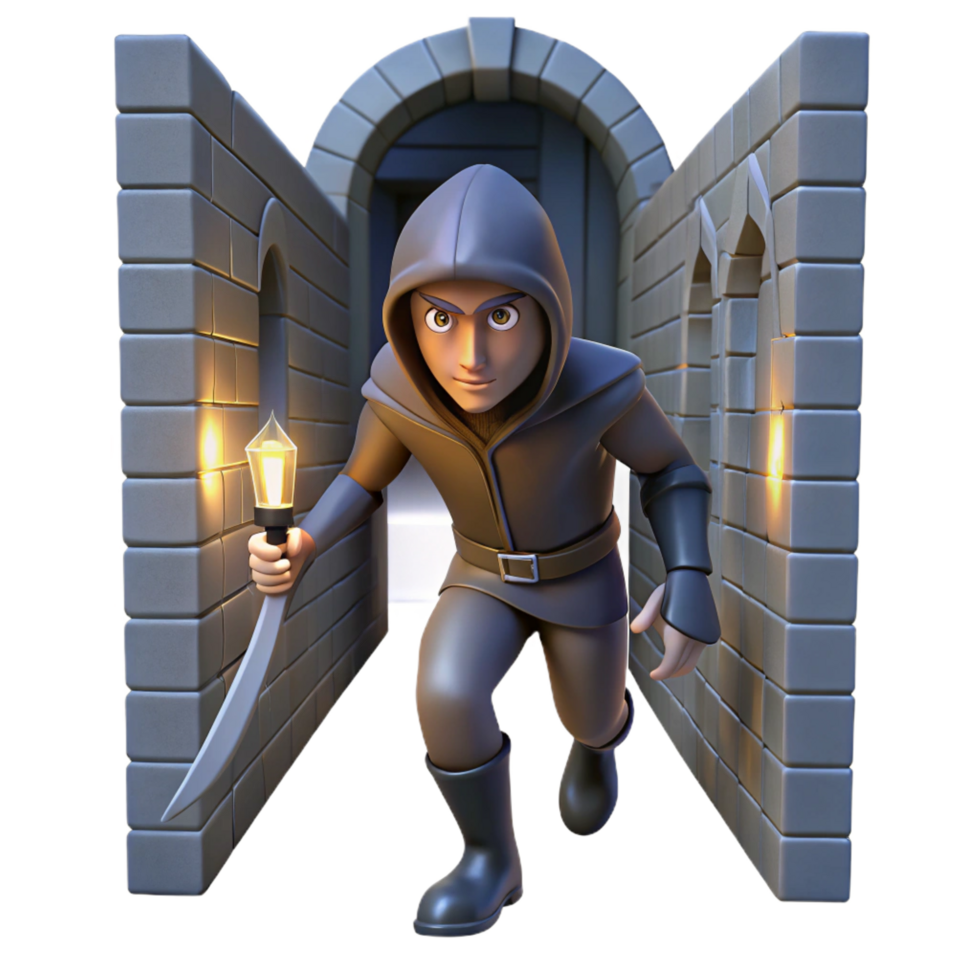 timeless organic A cunning rogue sneaking through a dimly lit alleyway, a dagger glinting in his hand. Low key lighting, noir style fine detail png