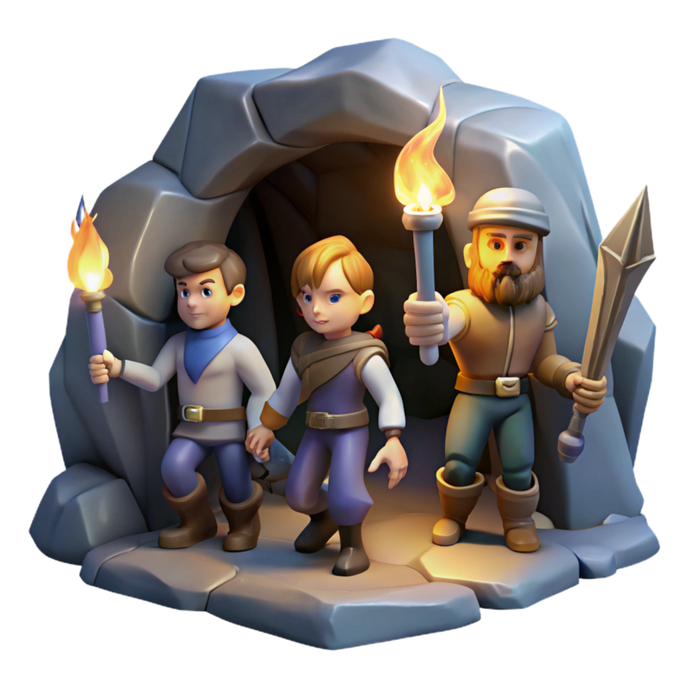 mesmerizing dreamy creative A group of adventurers exploring a dark and mysterious cave, flickering torchlight, in a classic dungeon crawler style masterfully captured png