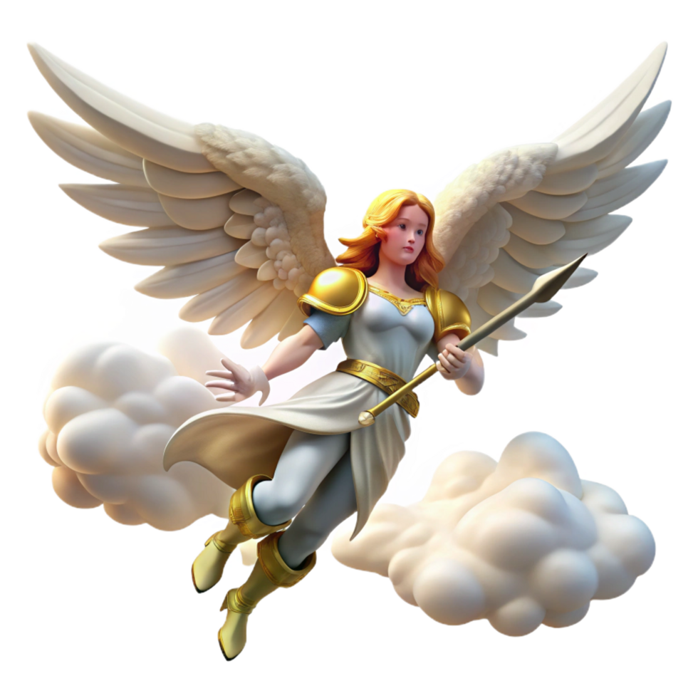 magnificent inspired A winged Valkyrie soaring through a cloudy sky, sword drawn, Art Nouveau style, dramatic, celestial lighting, png