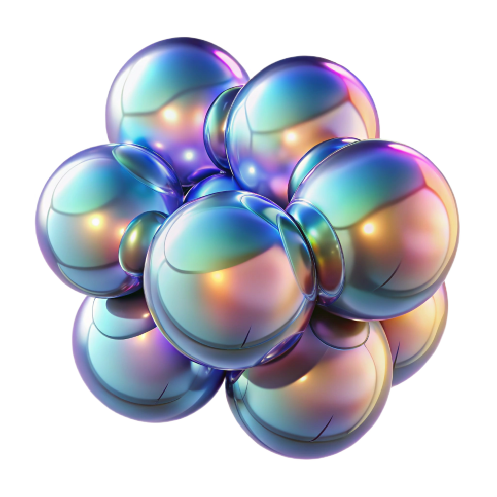glorious tranquil art deco A cluster of iridescent bubbles, each reflecting a distorted version of the surrounding environment, with a soft, ambient light exclusive png
