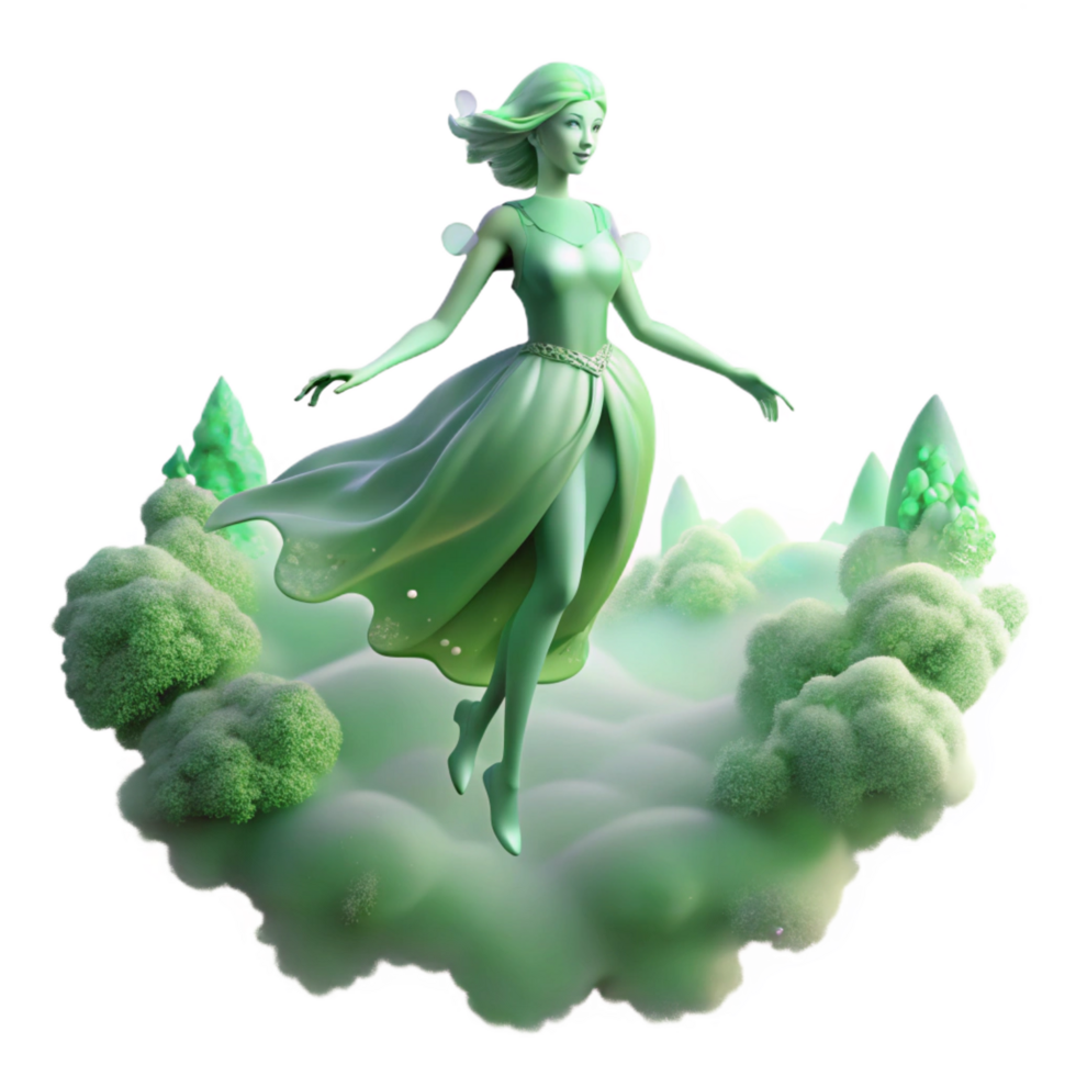 picturesque unforgettable A graceful sylph floating through a misty forest, ethereal green lighting, art nouveau style png