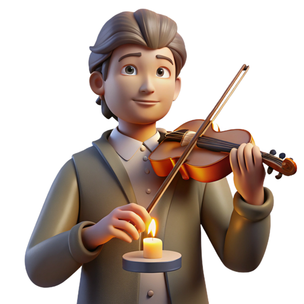 striking modern Portrait of a melancholic musician holding a violin, lit by the soft glow of a candle, in a Romantic style professional png