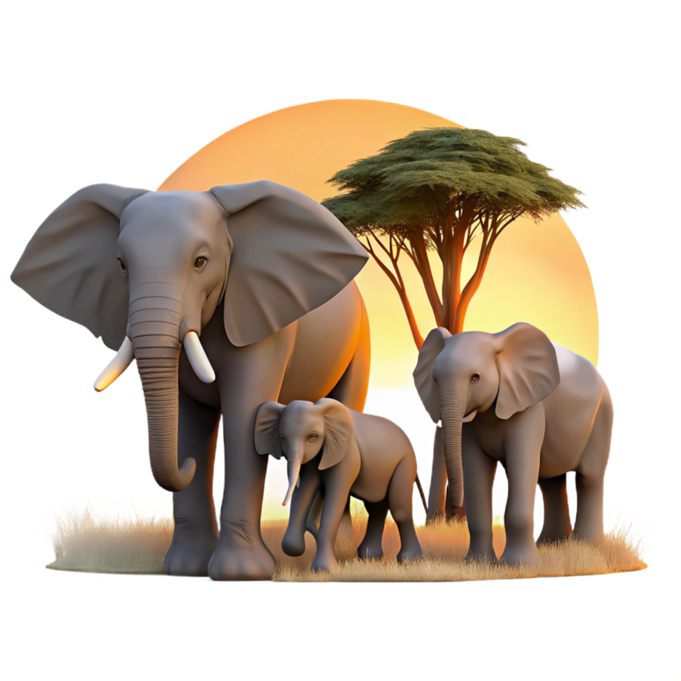 alluring exemplary A family of elephants walking across the savanna, sunset lighting, cinematic style png