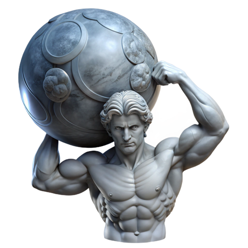 calm picturesque A stoic Atlas, burdened by the weight of the celestial sphere, muscles straining, lit from above. Classical sculpture style artisan png