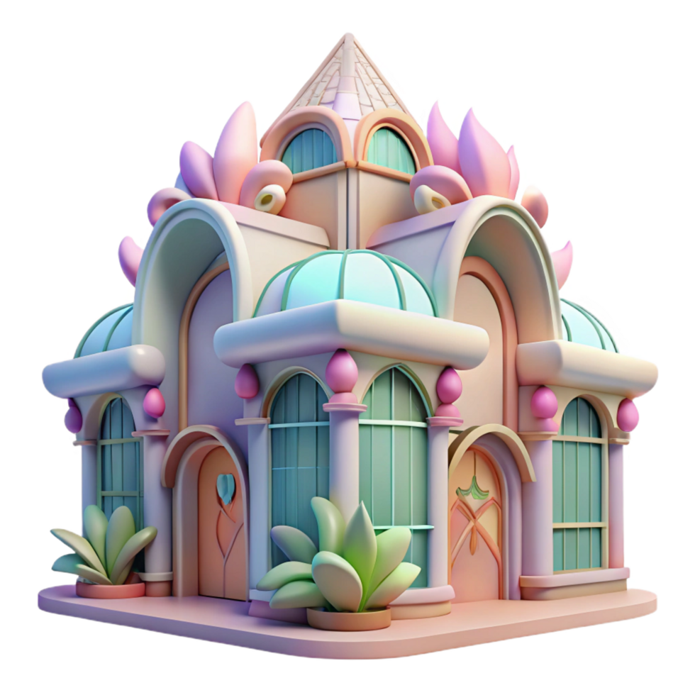 enchanting notable An Art Nouveau building with flowing lines, floral motifs, stained glass windows, soft pastel colors png