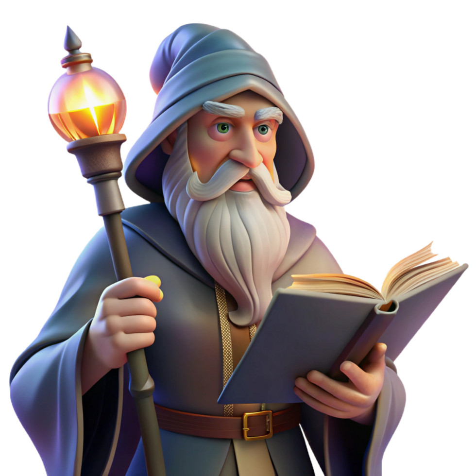 timeless rustic A wise old wizard with a long white beard and glowing staff studying an ancient, levitating tome in a dimly lit library, warm, mysterious lighting, Renaissance painting style detailed png