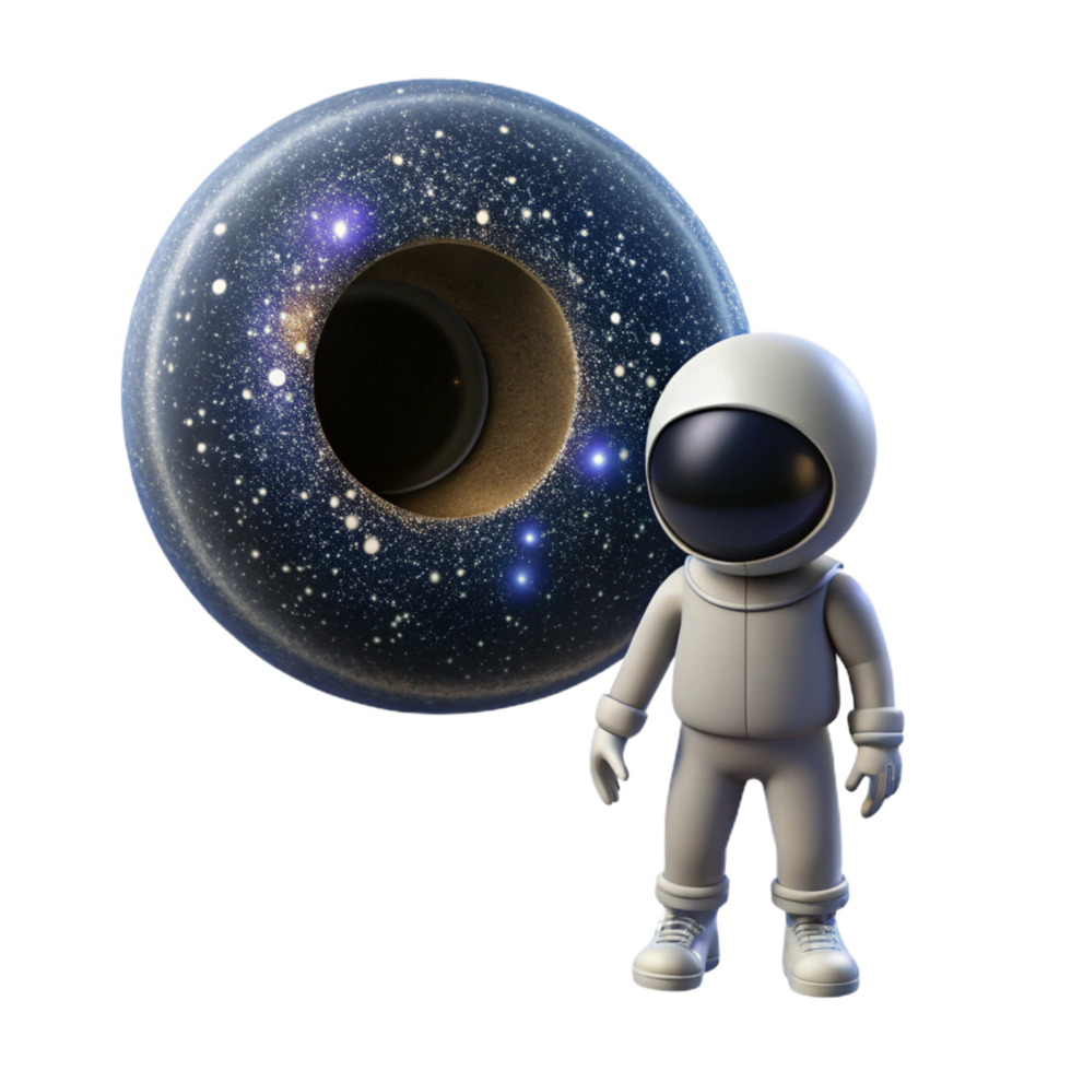 mesmerizing playful surreal A lone astronaut gazing at a colossal black hole, stars swirling around it, depicted in a photorealistic style with cosmic dust particles masterfully captured png