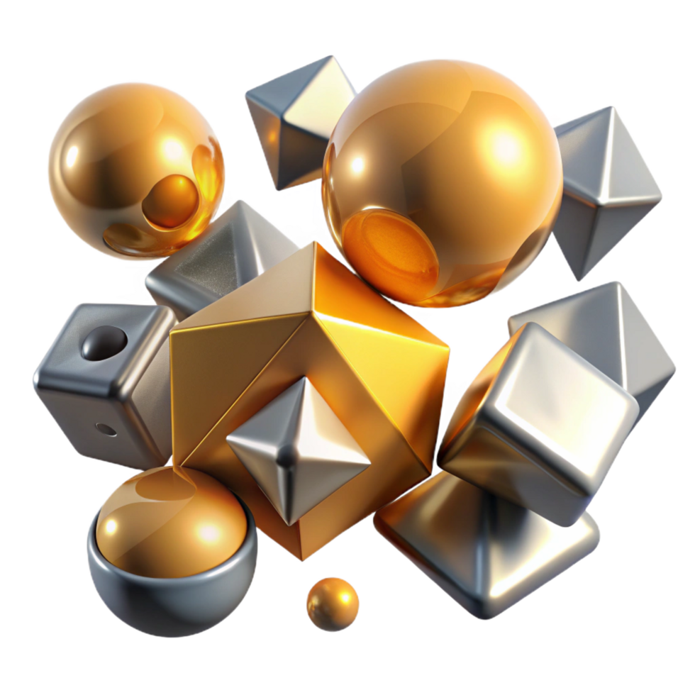striking ethereal rustic A field of floating, geometric primitives cubes, spheres, cones with a metallic texture, illuminated by a sharp, directional light source from above detailed png