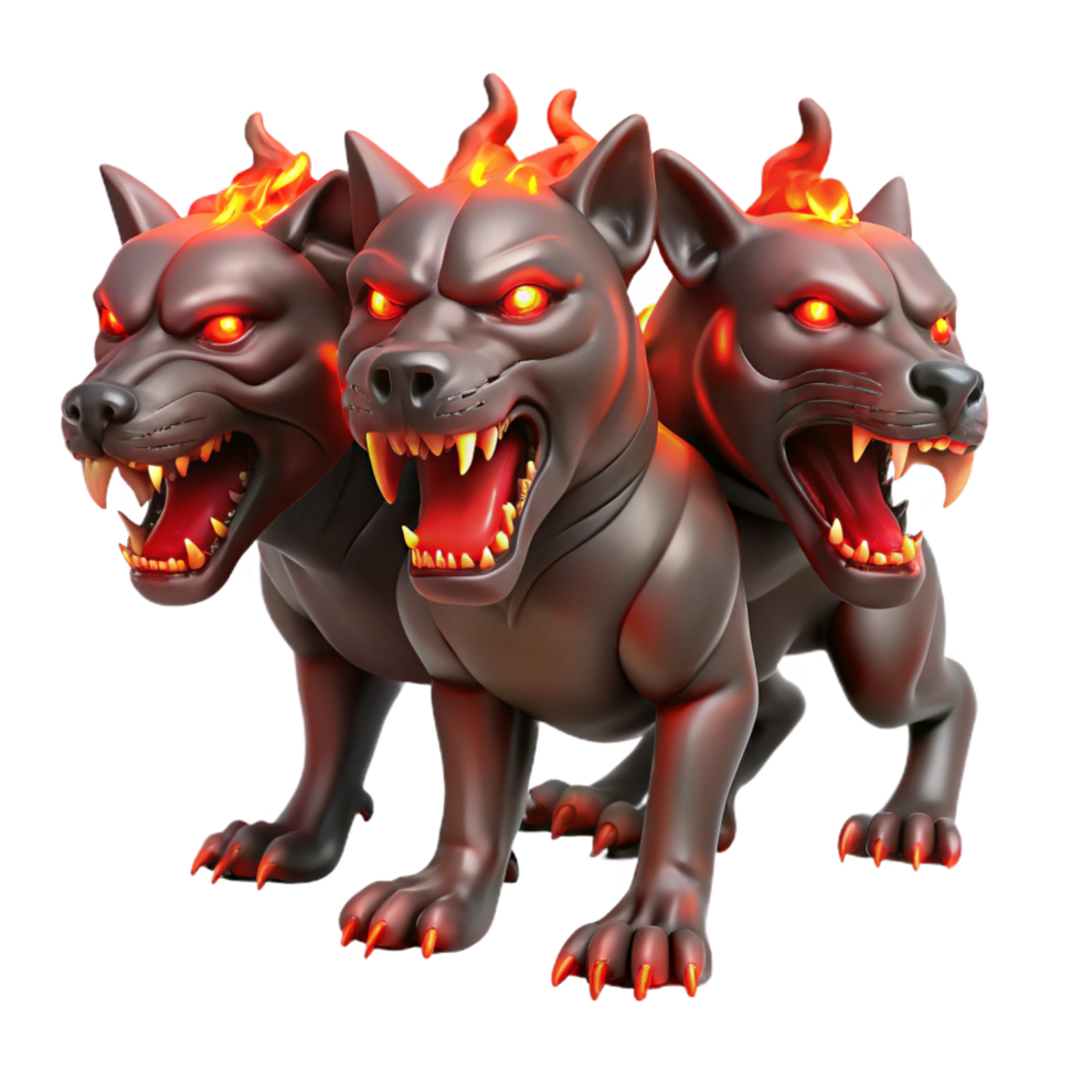 playful radiant A fearsome Cerberus guarding the gates of the underworld, its three heads snarling, bathed in the red glow of hellfire. Gothic style elite png