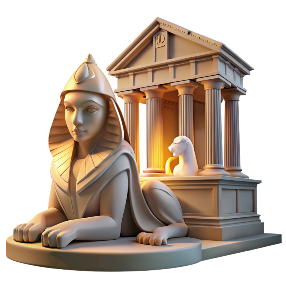 playful majestic A mysterious sphinx with the head of a woman and the body of a lion, guarding an ancient temple, dramatic lighting 4K png