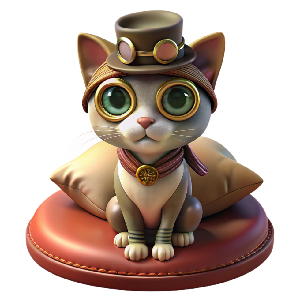 calm radiant A portrait of a steampunk cat wearing intricate goggles and a tiny top hat, sitting on a velvet cushion. Warm, Rembrandt lighting. Painterly style museum quality png