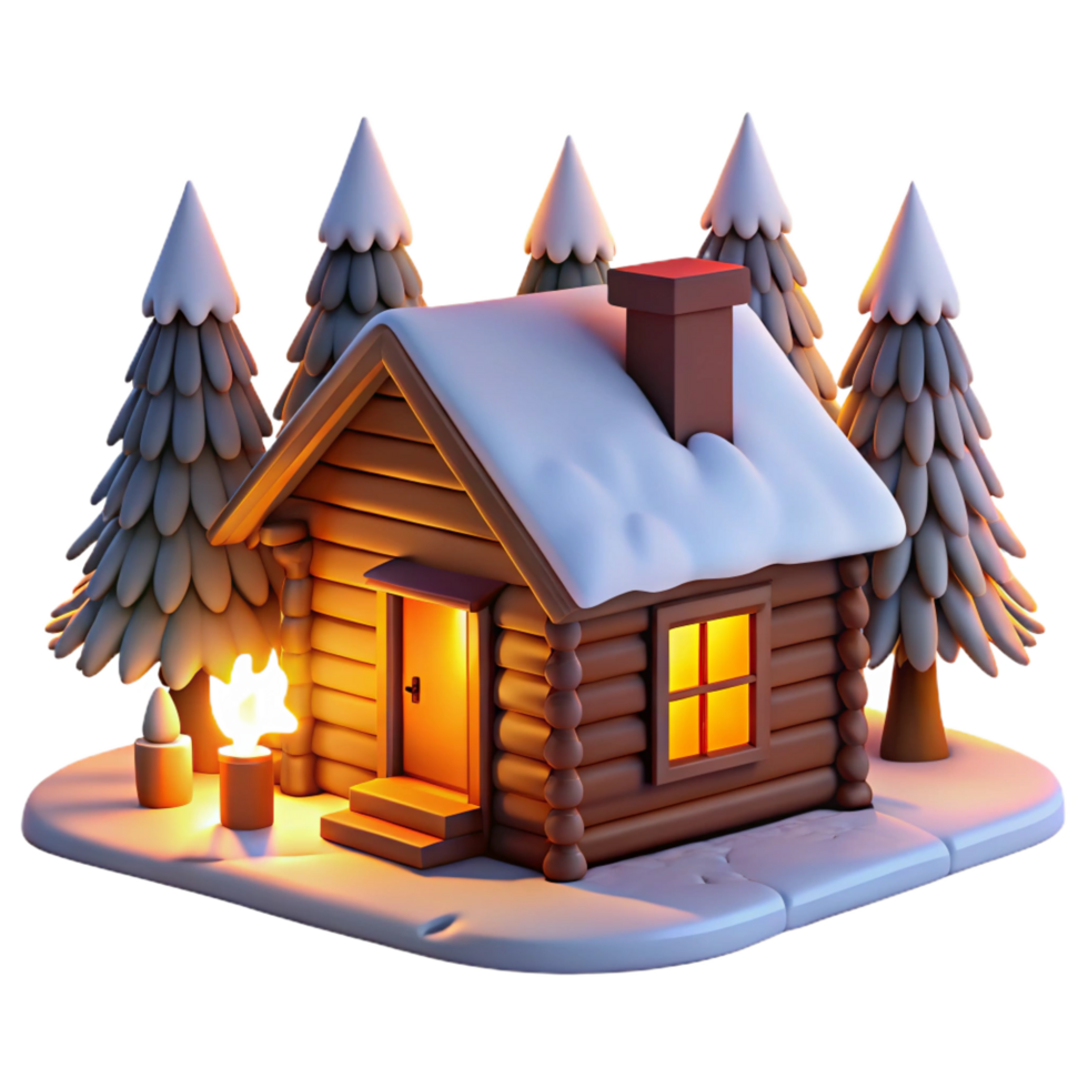wonderful tranquil organic A log cabin in a snowy forest, warm firelight glowing through windows, cozy atmosphere, rustic, winter scene, original png
