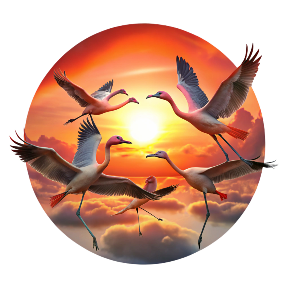 vibrant baroque A flock of flamingos taking flight against a fiery sunset, silhouetted against the vibrant sky, painted in the style of Claude Monet original png