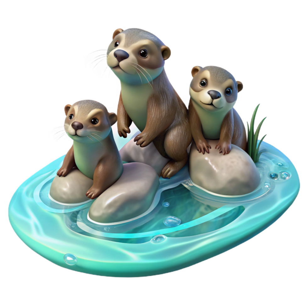 iconic mid century A playful family of otters frolicking in a crystal clear stream, dappled sunlight filtering through the trees, painted in a whimsical, impressionistic style masterfully captured png