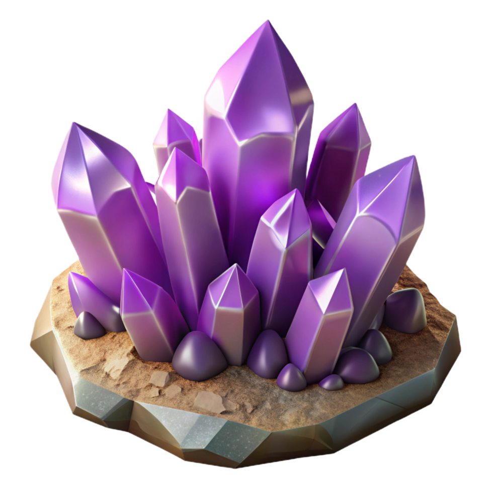 hypnotic joyful avant garde A cluster of amethyst crystals growing on a rock, soft ambient light, fantasy art style gallery standard png