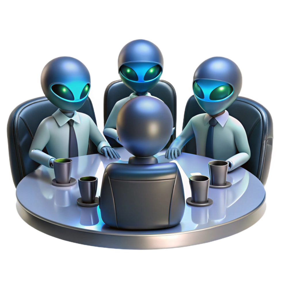 playful stunning A group of alien diplomats, with skin like polished obsidian and eyes like glowing embers, meets in a holographic conference room. Sci fi style, formal lighting 4K png