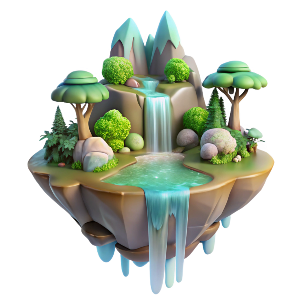 captivating bohemian A floating island with waterfalls, lush vegetation, soft diffuse lighting, fantasy style, masterfully captured png