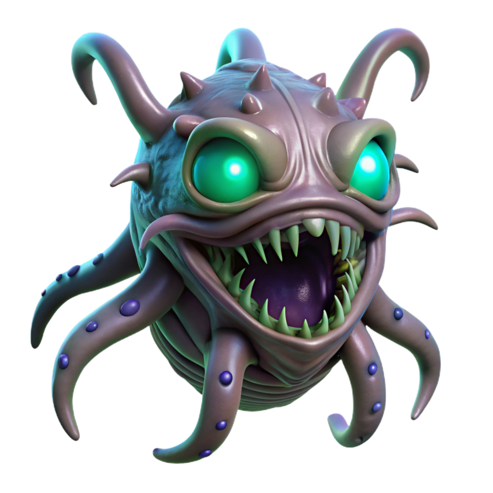 serene futuristic A colossal, alien creature, with bioluminescent tentacles, emerges from the depths of a dark ocean, its eyes glowing menacingly. Dark, ominous lighting. Horror style genuine png