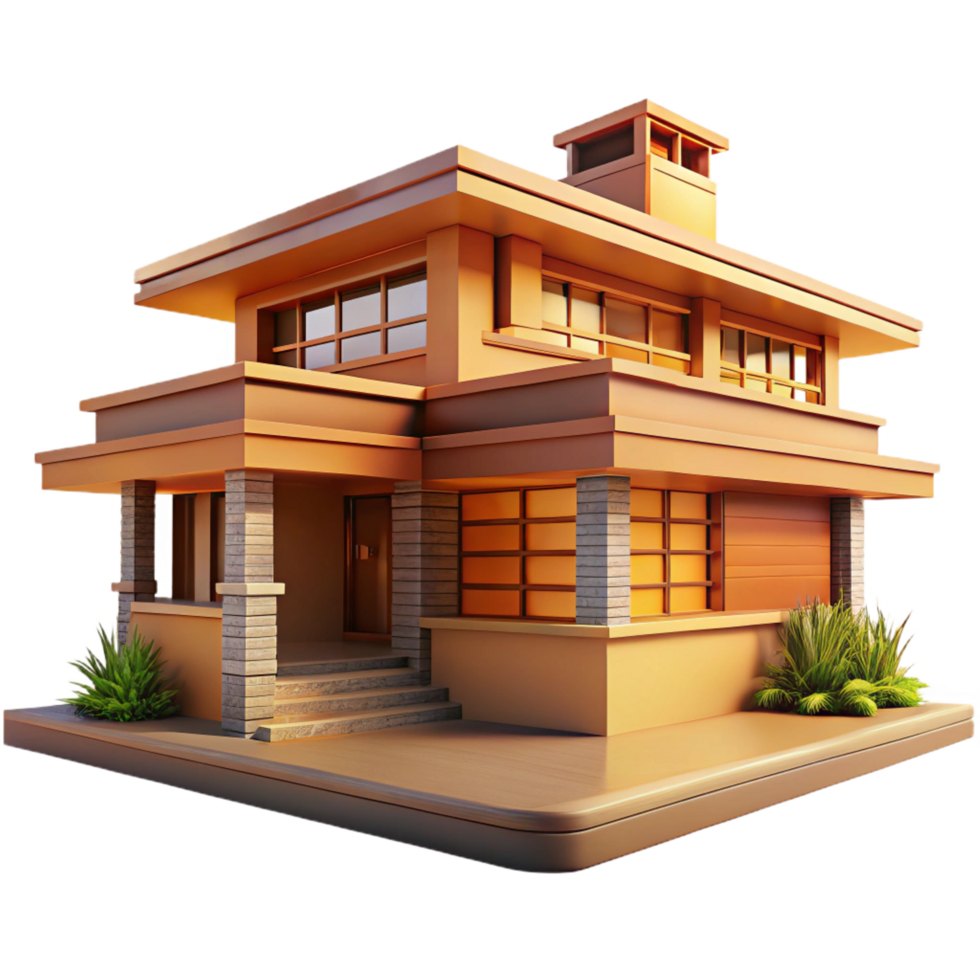 mesmerizing exceptional A Frank Lloyd Wright inspired prairie house with horizontal lines and natural materials, warm afternoon sunlight, architectural rendering style png
