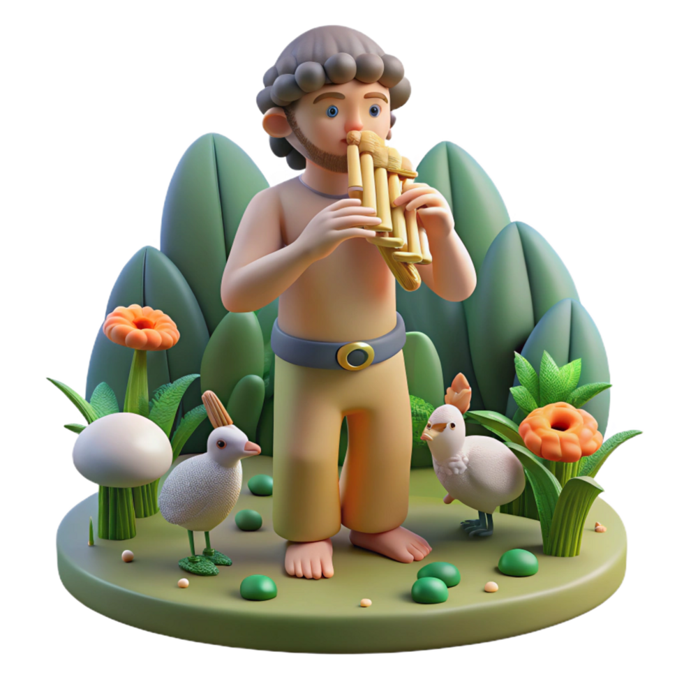 stunning nostalgic modern Pan playing his panpipes in a sunlit forest glade, surrounded by nymphs, Impressionist style, soft, dappled lighting, perfect clarity png