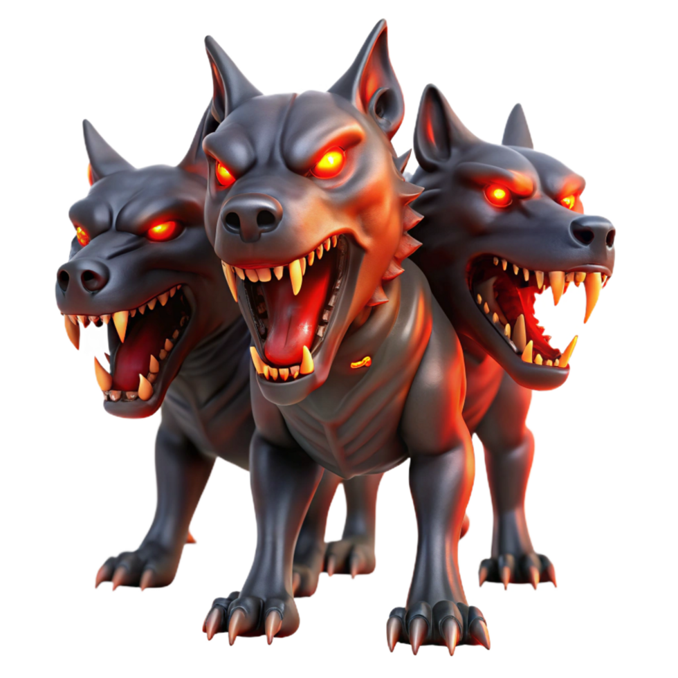 beautiful coastal A fearsome Cerberus guarding the gates of the underworld, its three heads snarling, bathed in the red glow of hellfire. Gothic style flawless png