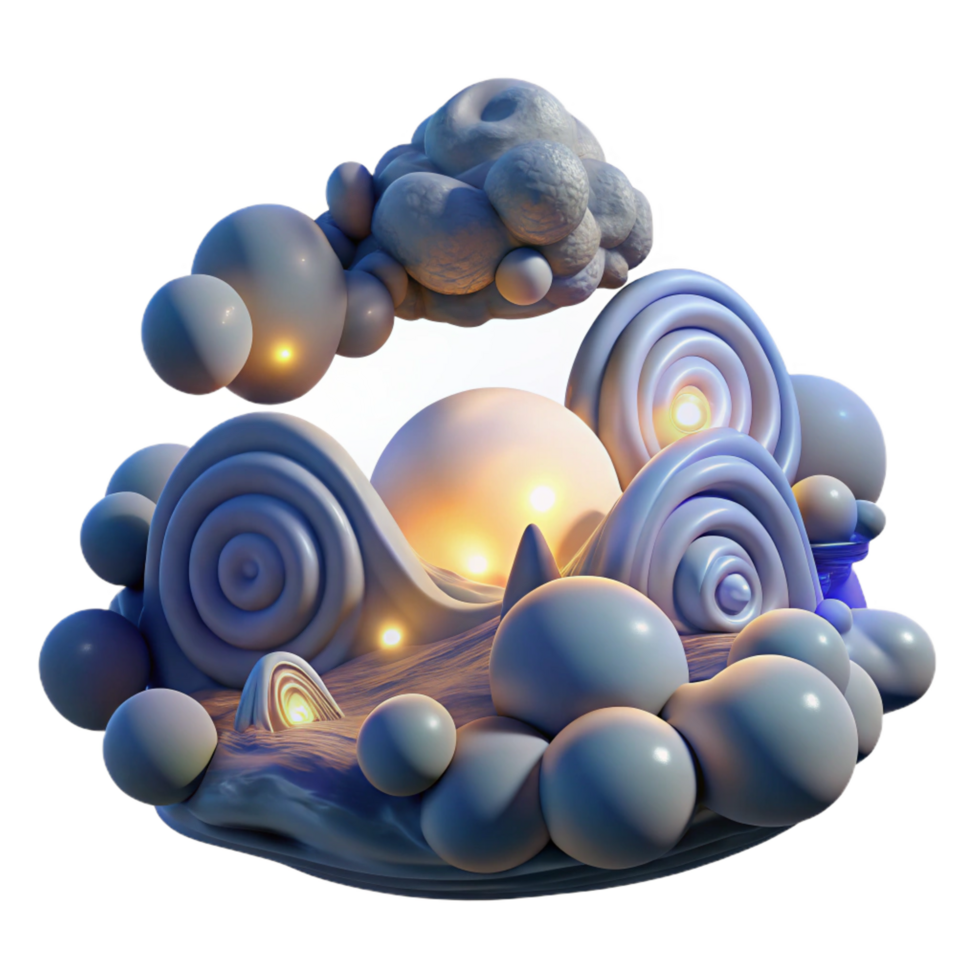 unparalleled mid century A digital rendering of a fractal landscape, with swirling clouds and glowing orbs, illuminated by a soft, ethereal glow. Fantasy style, otherworldly 8K png
