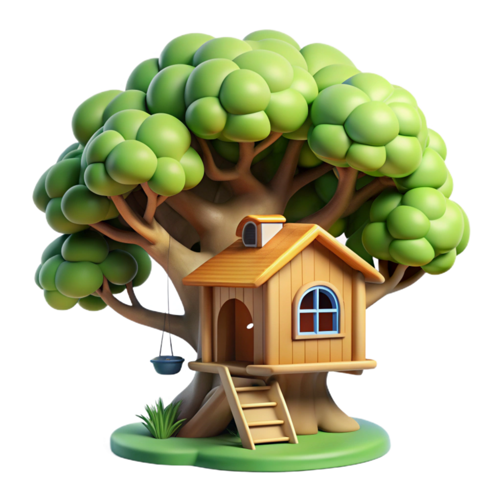 joyful fascinating A whimsical treehouse nestled in the branches of a giant oak, dappled sunlight, cozy and inviting, children s book illustration style crisp png
