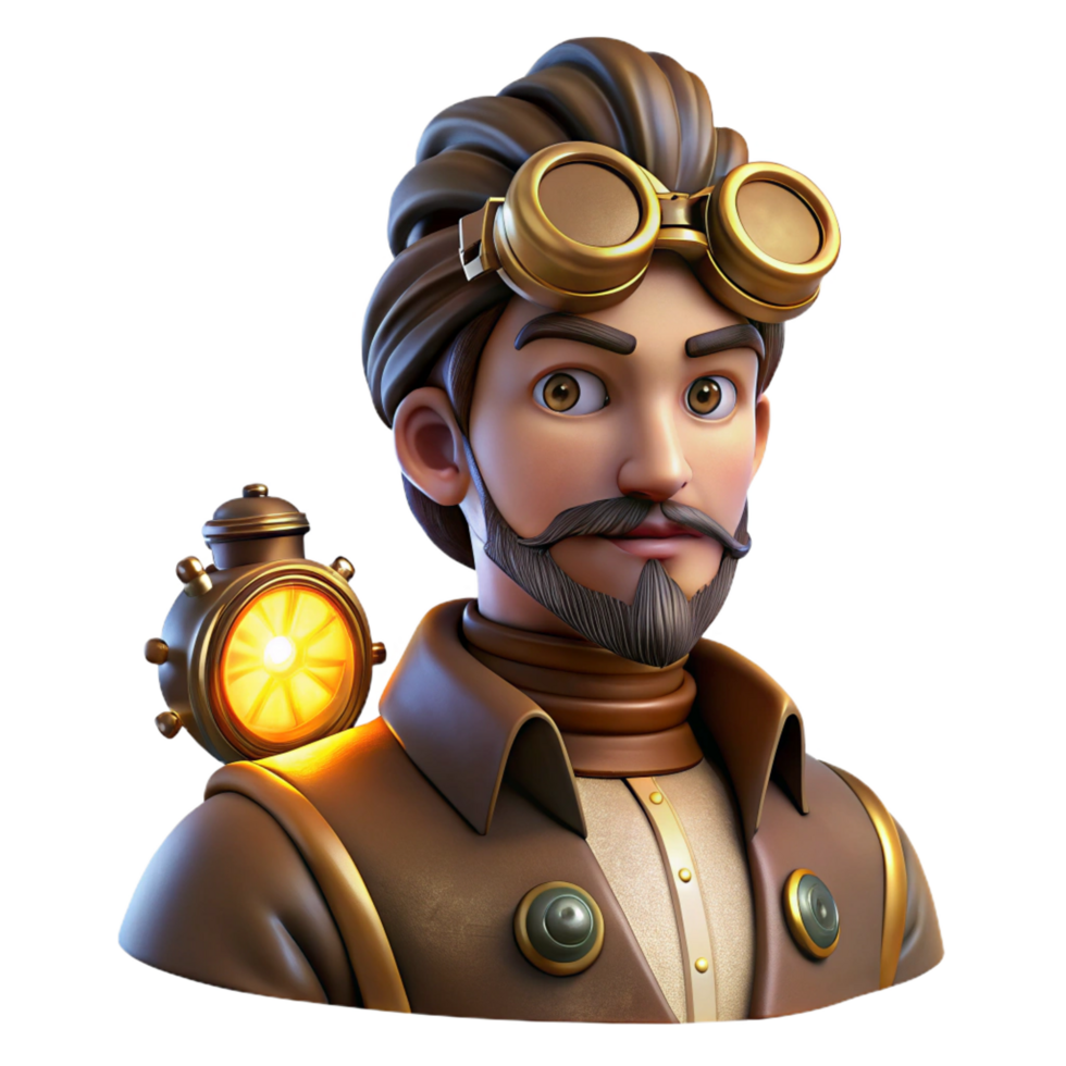 vibrant acclaimed Portrait of a steampunk inventor with goggles and gears adorning their clothing, lit by the warm glow of a steam powered lamp, steampunk art style png