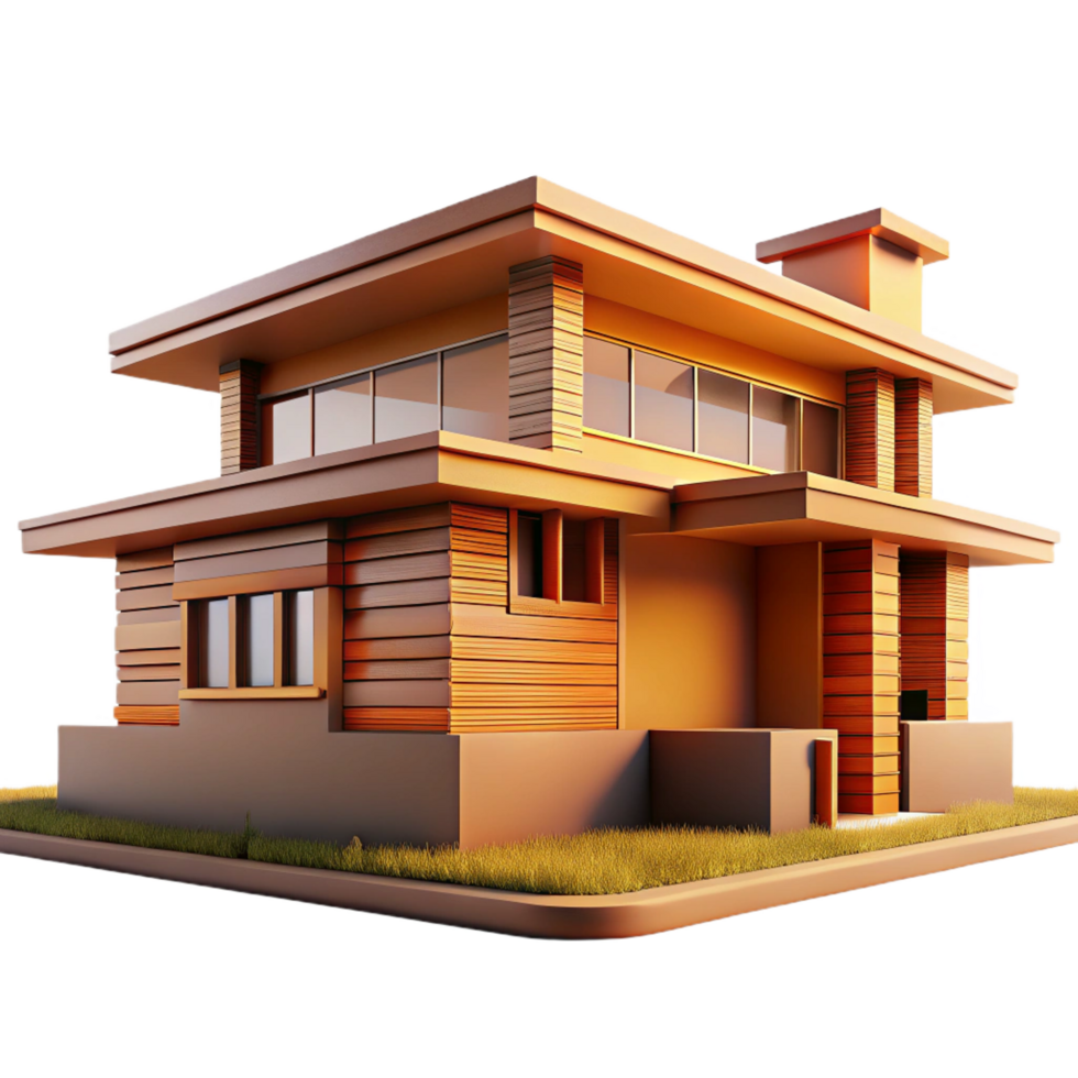 celebrated bohemian A Frank Lloyd Wright inspired prairie house with horizontal lines and natural materials, warm afternoon sunlight, architectural rendering style premium png