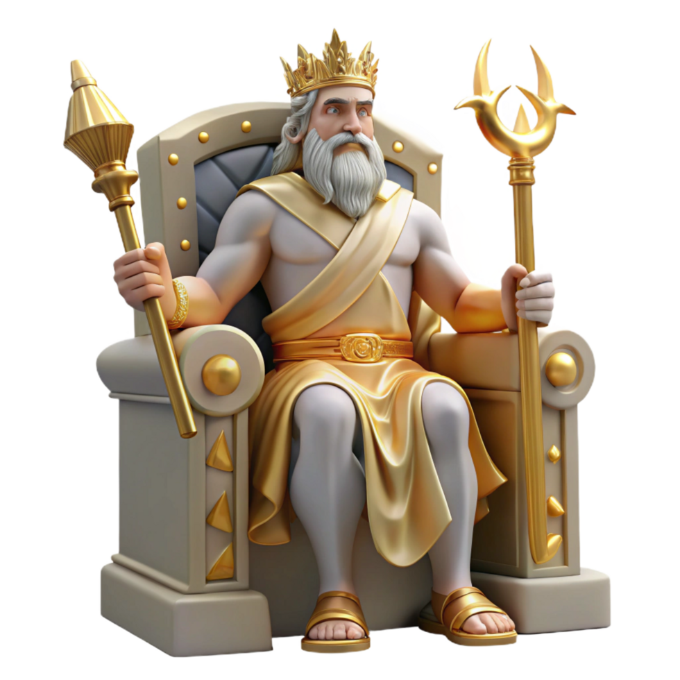 iconic rustic A majestic Zeus, the king of the Olympian gods, holding a lightning bolt, seated on a golden throne, surrounded by clouds. Baroque style 4K png