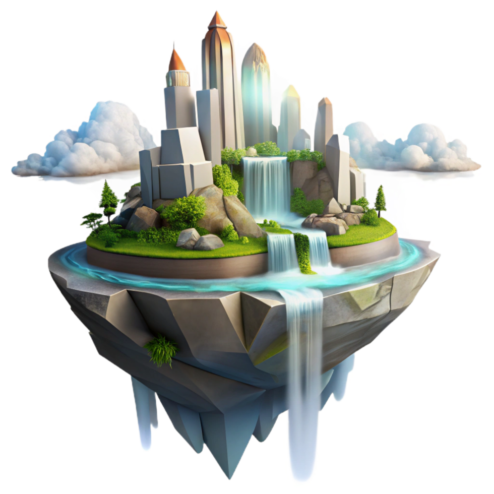 vibrant baroque A floating island city with waterfalls cascading down its sides, bright midday sunlight, digital painting style handcrafted png