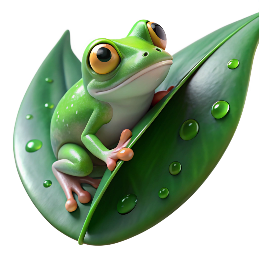 fascinating whimsical retro A tiny green tree frog clinging to a large, dew covered leaf, soft diffused lighting, macro photography style exclusive png
