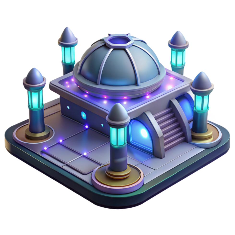 glorious reflective urban A spaceship landing pad with futuristic architecture and glowing lights, nighttime with stars visible, science fiction style crisp png