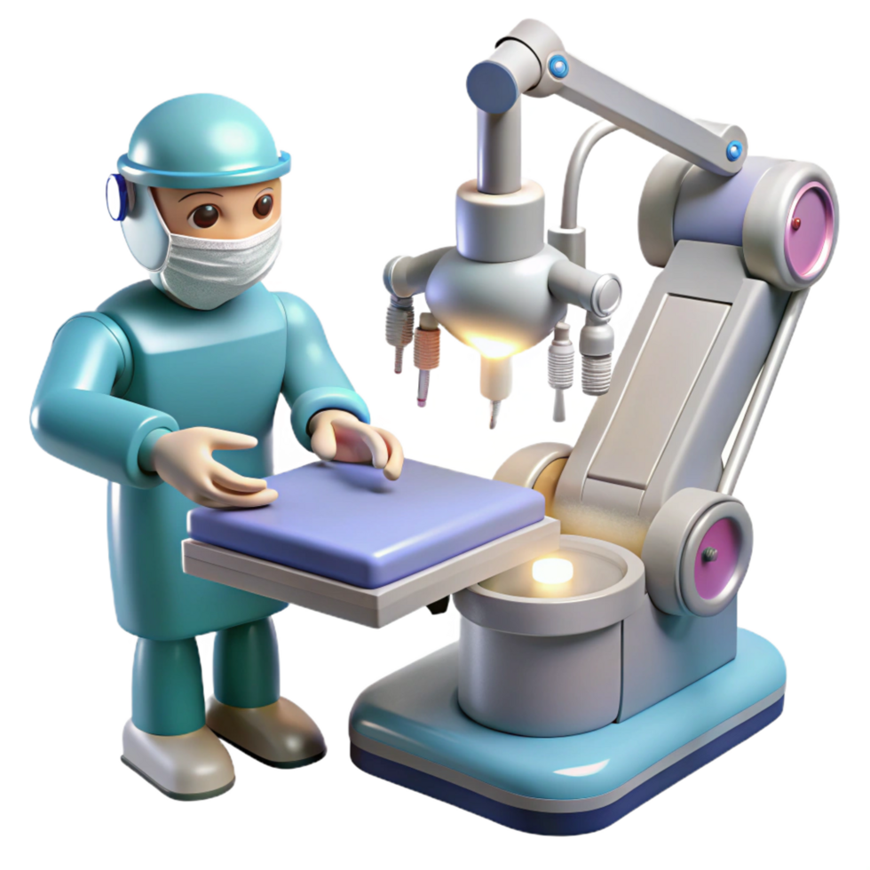 glorious inspired A robotic surgeon performing a delicate operation, precise instruments illuminated by surgical lights, medical illustration style png