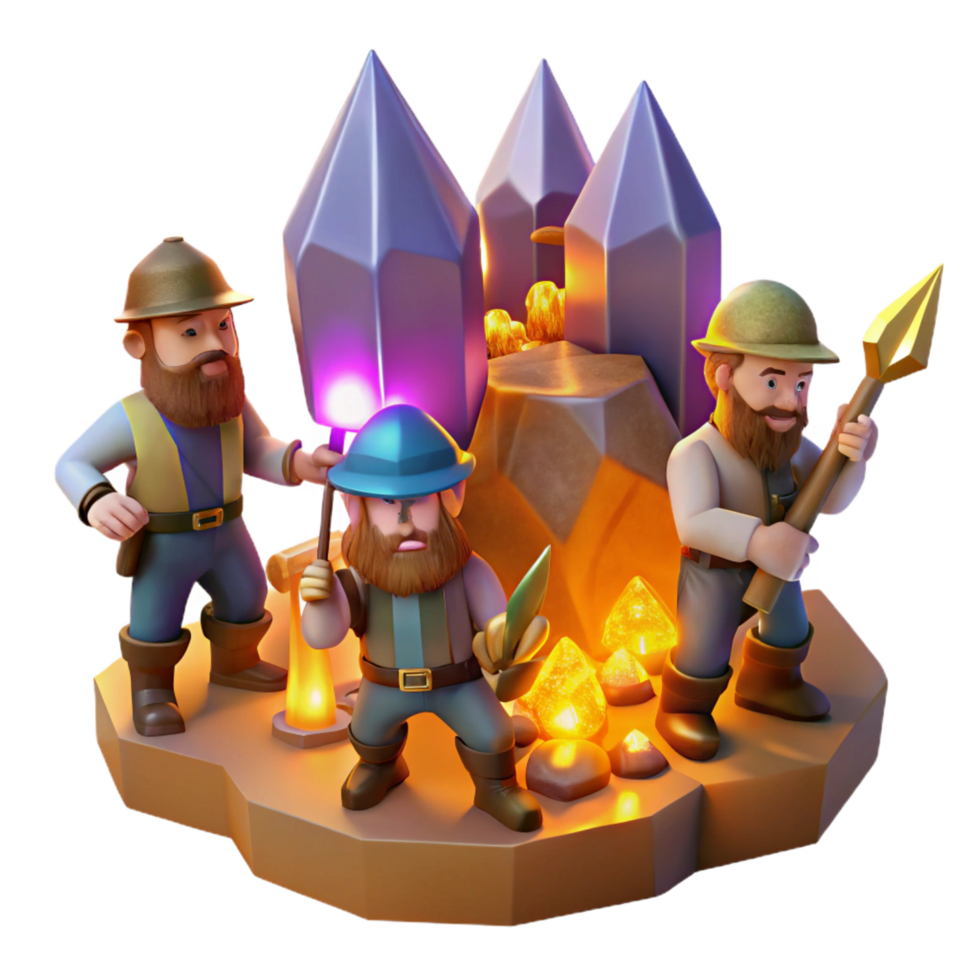 alluring notable A group of adventurous dwarves mining for gems in a cavern illuminated by glowing crystals. Warm, flickering light, fantasy realism style png