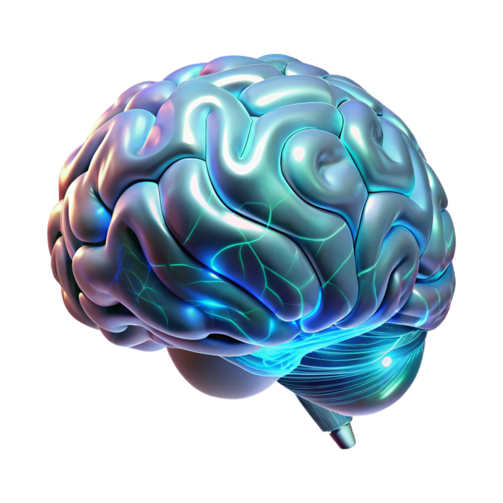 iconic abstract A holographic projection of a human brain rotating slowly, intricate neural pathways pulsing with light, in a scientific, anatomical style refined png