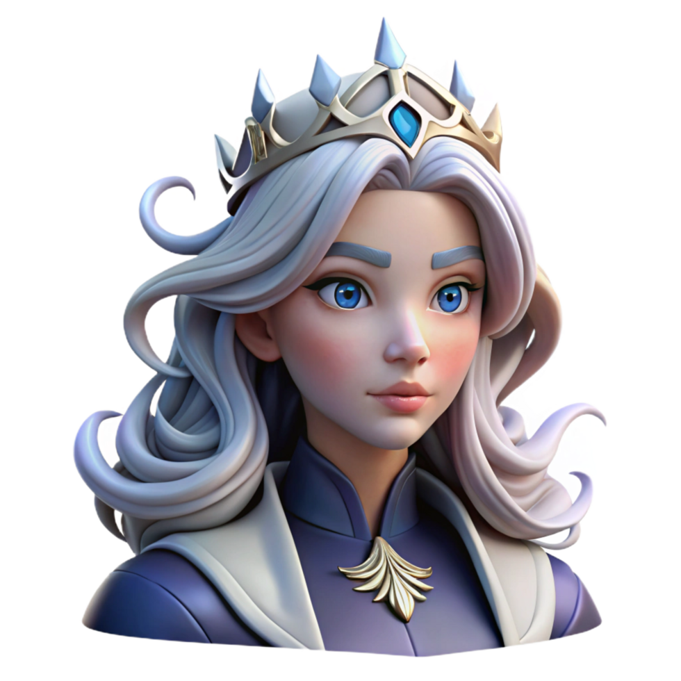inspired artistic Portrait of a majestic queen with flowing silver hair and a regal expression, wearing an ornate crown, lit by dramatic chiaroscuro lighting, fantasy art style high resolution png